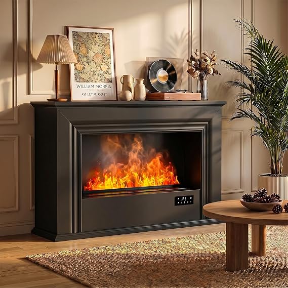 BOSSIN 40 Inch Water Vapor Fireplace with 3D Realistic Mist Flame, Electric Fireplace with Mantel Water Control and Remote Control, Self-Cleaning, Fireplace Humidifier for Home Decor, Black