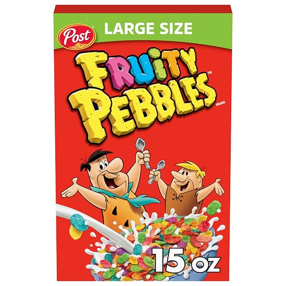 Post Fruity PEBBLES Cereal, Fruity Kids Cereal, Gluten Free Rice Cereal for Kids, 15 OZ Large Cereal Sized Box