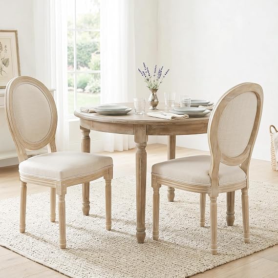 chairus Farmhouse Dining Chairs Set of 2 French Country Dining Room Chairs Vintage Fabric Upholstered Chair with Round Back Natural Wood Legs, Beige 2 PCS