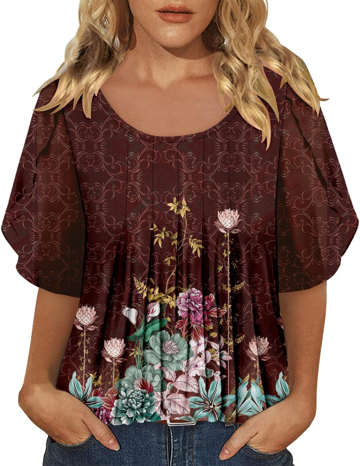 onlypuff Womens Double Layered Tunic Tops Half Sleeve Floral Double Layered Sheer Flowy Blouse RoundV Neck Casual Shirts