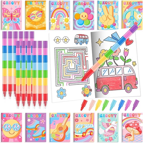 BenLouis 24 Groovy Mini Coloring Books with 24 Crayons for Kids Bulk