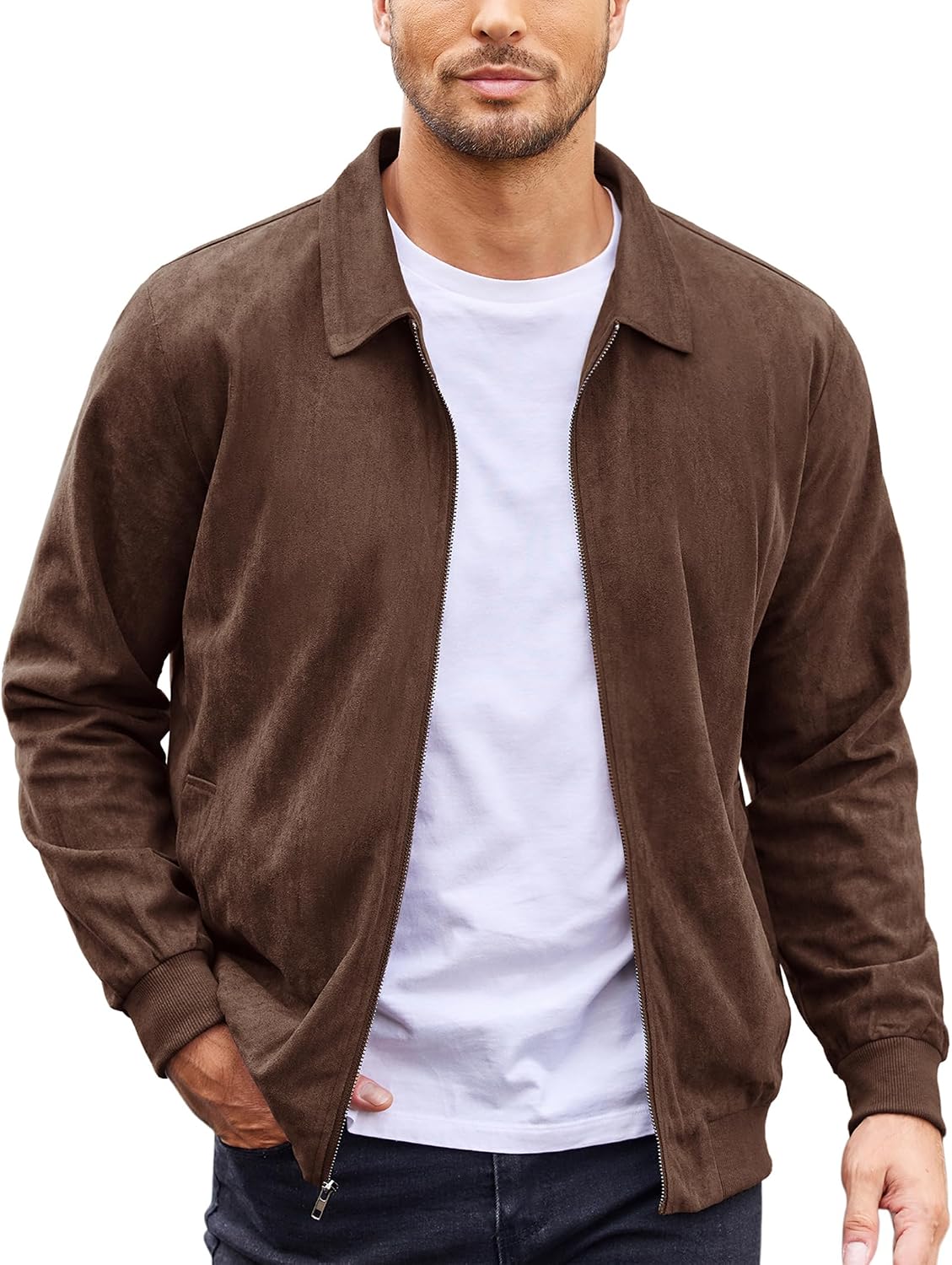 COOFANDY Mens Faux Suede Bomber Jacket Lightweight Full Zip Vintage Casual Trucker Jacket