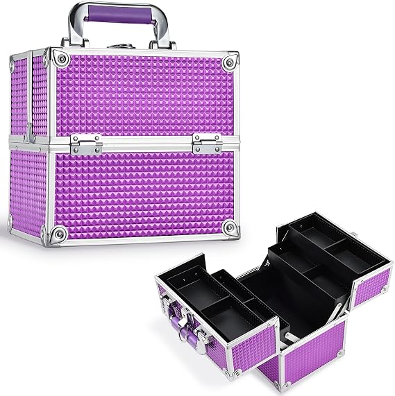 Frenessa Vanity Box Cosmetics Case Makeup Organiser Box Beauty Cosmetic Make Up Storage Case 4 Trays Lockable with Keys, Purple