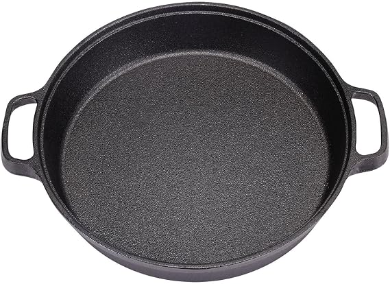 Warmiehomy Cast Iron Griddle Pan,35cm Pre-Seasoned Non-Stick Grill Pan,Round BBQ Skillet with 2 Handles for Gas Induction Hob,Flat Surface