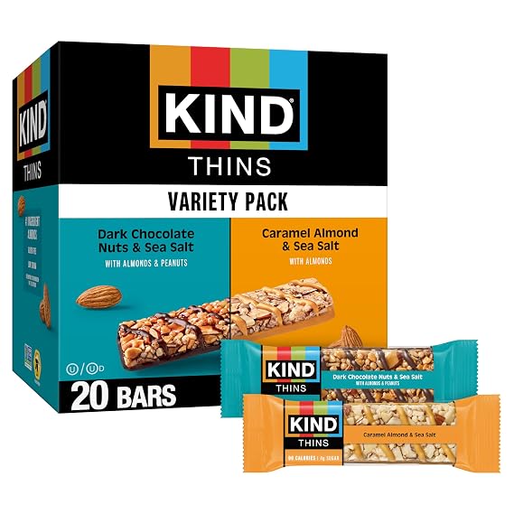 KIND Thins Snack Bars Variety Pack, Gluten Free, Low Calorie, Healthy Snacks, Dark Chocolate Nuts & Sea Salt, Caramel Almond & Sea Salt, 4g Sugar, 20 Count