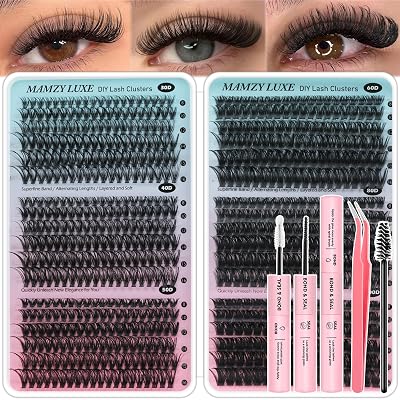Lash Clusters Kit 708Pcs Individual Cluster Lash Extensions Kit 30D40D50D60D80D100D Wispy Eyelash Clusters with Lash Bond and Seal and Tweezers 10-16mm 6 Styles Mix Lashes Clusters Kit