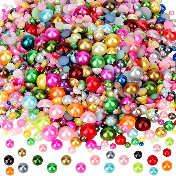 2600PCS Flat Back Beads Set, 100g Half Round ABS Imitation Pearls for Crafting, 3-10mm Flatback Colorful Pearls Cabochons and Rhinestones for Nails DIY Crafts Decoration