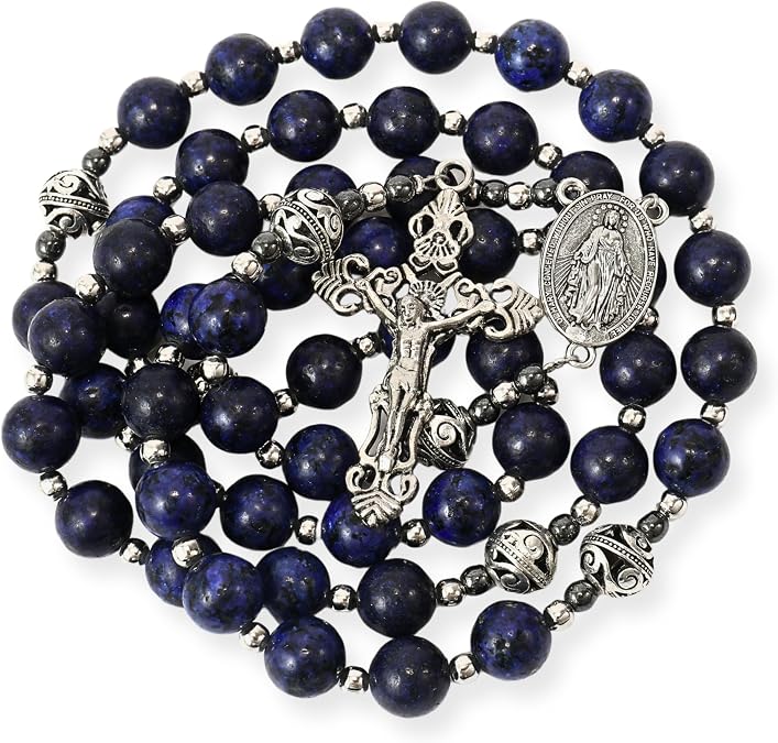 Nazareth Store Genuine Rosary Stone Beads Necklace Metal Beaded Glory Beads Miraculous Medal & Silver Cross Crucifix For Men and Womens