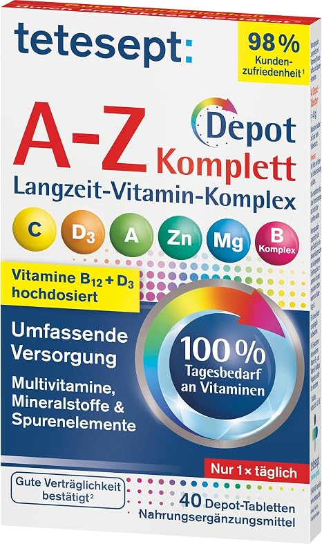 tetesept Vitamin A-Z Depot Tablets - Dietary Supplement for a Comprehensive Supply of Vitamins Minerals and Trace Elements - 40 Depot Tablets