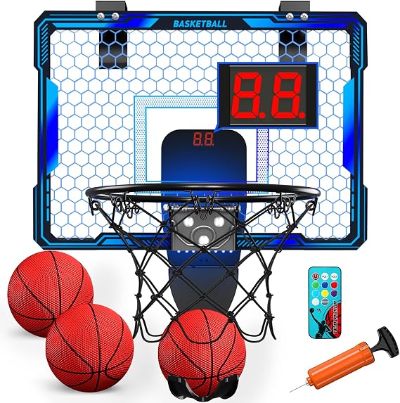 HYES Remote Control Mini Basketball Hoop Indoor with 7 LED Lighting, Blue