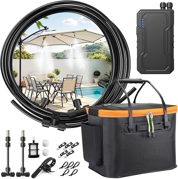 Ausic Portable Misting System for Outside Patio, Outdoor Water Cooling Mister with Battery Powered Pump (Max 8Hrs), 20L Bucket, 26FT Hose, Patio Misters for Tailgating, Pasture, Camping, Canopy, Sport