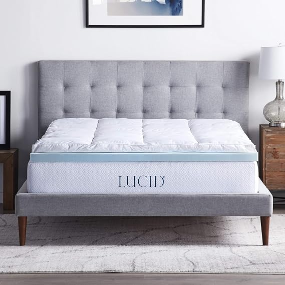 LUCID 4" Down Alternative & Gel Memory Foam Mattress Topper, Queen Three Toppers in One Fitted Sheet Style, 100% Cotton