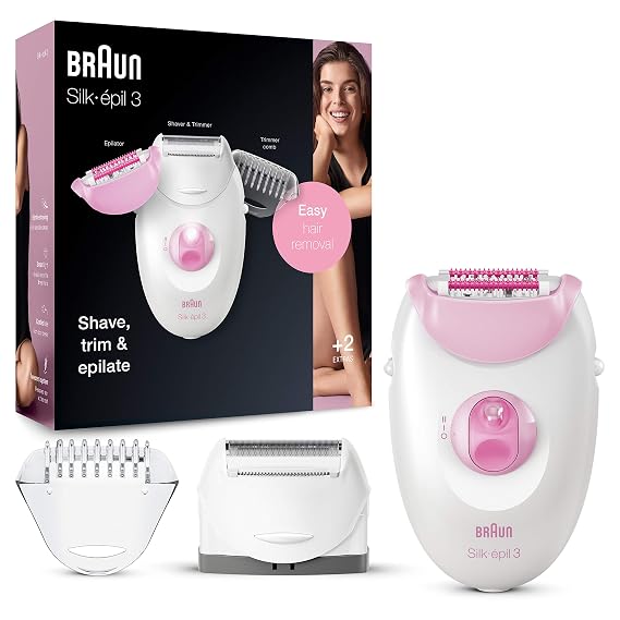 Braun Silk-epil 3 3-270, Epilator for Women for Long-Lasting Hair Removal, 20 Tweezer System, Smartlight Technology, Massage Rollers, Shaver and Trimmer Head Included