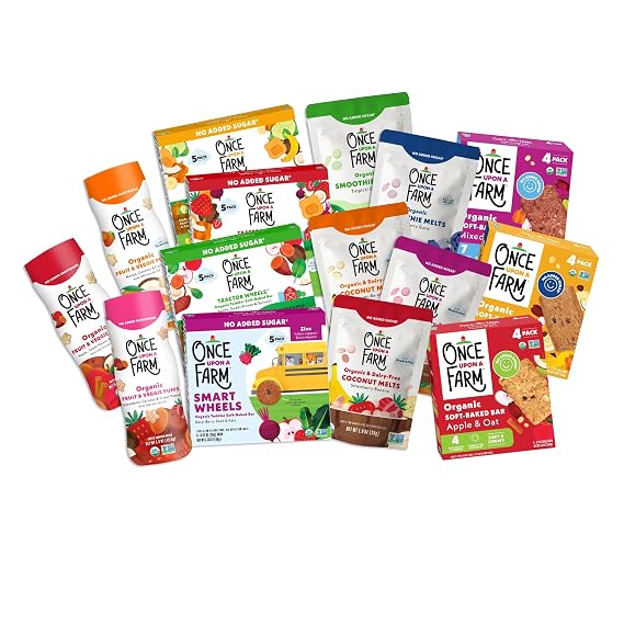 Once Upon a Farm Organic Ultimate Snack Sampler, 15 Ct, Non-GMO | Once Upon a Farm Organic Puffs, Coconut Melts, Tractor Wheels, Smart Wheels, Smoothie Melts, Soft Baked Bar, Non-GMO, 15ct