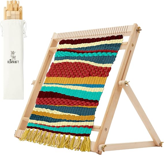 Olikraft Wooden Weaving Loom, Adjustable Stand (Small) | 16 x 13 inch warping area, easy setup with guide and video tutorial, for adults, beginners and pros