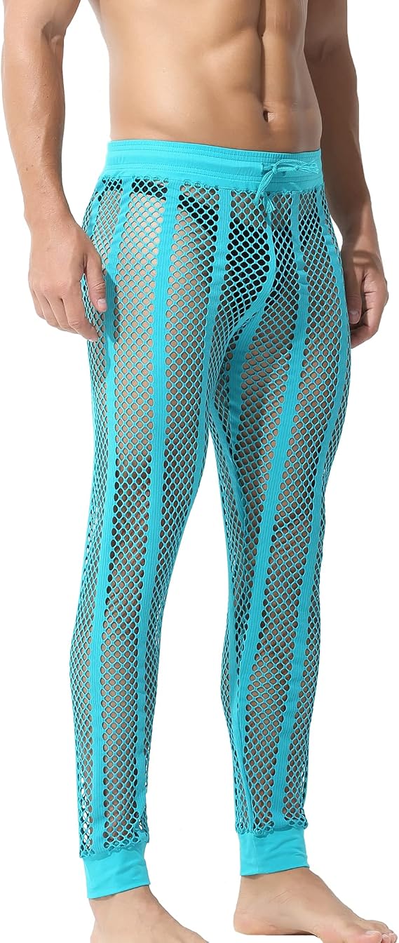Men's Sexy Mesh See Through Long Pants Fishnet Hollow Out Drawstring Loose Pajamas Bottoms Underpants