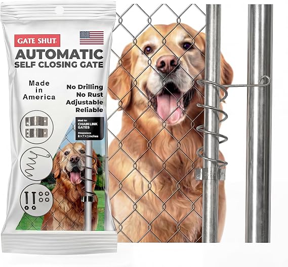 Automatic Chain Link Self Closing gate Closer. Adjustable Closing Tension, Outdoor Gate Spring, Works Great for Pool and Dog Gates or Any Chainlink gate Made in USA