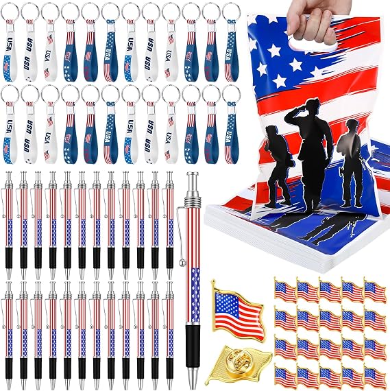 Supervitae 96 Pcs Memorial Day Gifts Patriotic Decorations Include 24 American Flag Gift Bags 24 USA Key Chains 24 American Flag Pens 24 USA Flags Brooches for Tribute Hero Honor Decorations Supplies