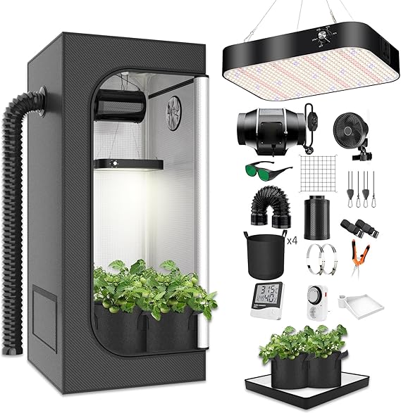 Growzelt Komplettset Grow Tent Kit 100x100x200cm mit 200W LED Vollspektrum Grow Lampe Dimmbar GrowZelt Kit Komplettes Hydroponics Grow Tent Complete Set