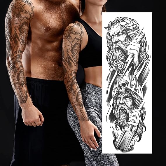 Full Arm Temporary Tattoo Stickers Waterproof Extra Large Fake Tattoos Thor Zeus Hades Tattoo Sleeve Body/Leg/Arm Makeup Lasting Tattoos for Man Women Cool Fashion 3D Realistic Tattoo