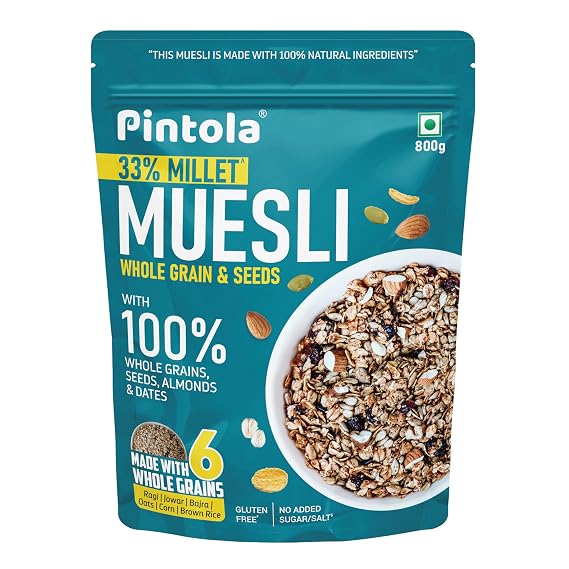 Pintola Fruit & Nut Muesli with 28% Millet & 68% Wholegrains, Healthy-Fruity Breakfast cereal with 6 nuts, dried fruits & Dates, No Preservatives, No added sugar|Rich in Dietary Fibre & Protein