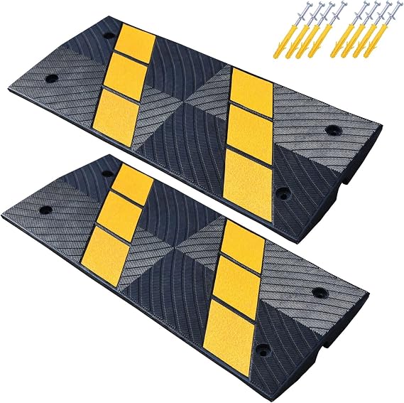 Rubber Curbside Bridge Ramps, Heavy Duty Driveway Curb Ramps with Yellow Reflective Strips for Car, Truck, Scooter, Wheelchair, Garage, Loading Dock, Sidewalk (2 Pack)