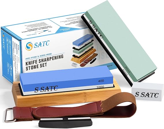 Knife Sharpening Stone Whetstone 4 Side Grit 400/1000 3000/8000 Stone Knife Sharpeners with Nonslip Rubber Bases, Wood Base, Flattening Stone, and Leather Strop