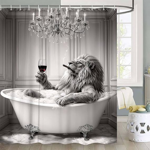 Funny Lion Shower Curtain, Black and White Animal Bathroom Decor, Waterproof Fabric Bath Curtain Set, 60x70 Inch with Hooks