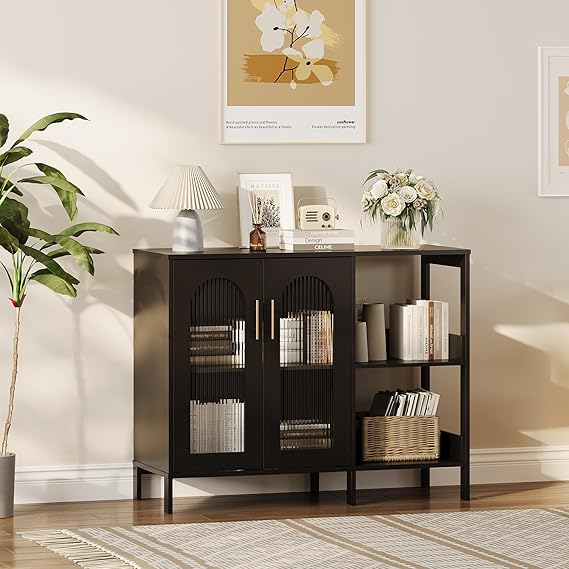 Metal Cabinet with Glass Doors Sideboard Kitchen Cabinet with 2 Doors and Open Shelves Buffet Cabinet with Adjustable Shelf Sideboard Cabinet for Kitchen Dining Room Living Room 100 x