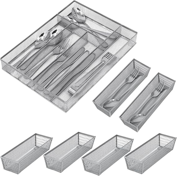 Neudeco Mesh Drawer Organizer,Silverware Drawer Organizer,Metal Cutlery Tray and Utensil Organizer for Flatware,Knives,Spoon, Cosmetic (Silver)