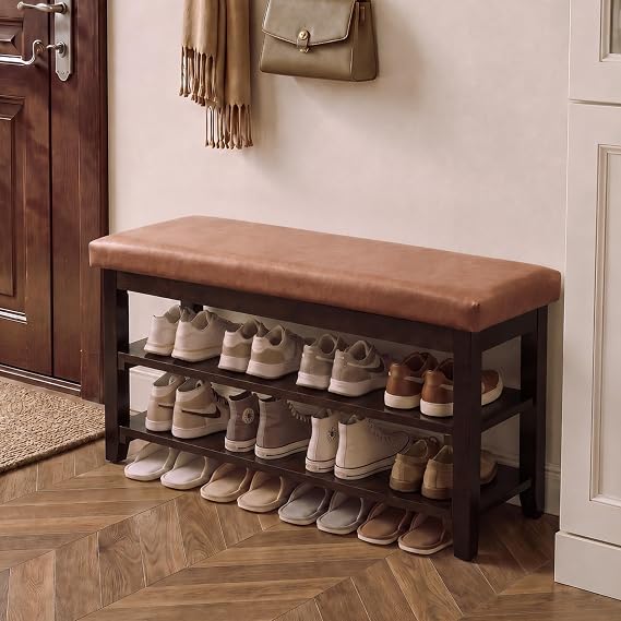 40" Solid Wood Shoe Storage Bench, 2 Tier Shoe Rack for Entryway