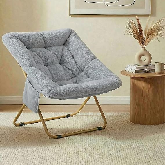 Folding Saucer Chair, Comfy Reading Chair with Soft Thick Padded Seat | Plush Faux Fur Lounge Chair for Small Space, Bedroom, Dorm, Living Room, X-Large Lazy Chair for Adults Teens Kids