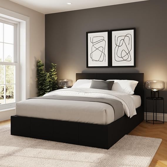GFW Classic Side Lift Small Double Black Faux Leather Ottoman Bed, Storage Bed with Hydraulic Lift and Stitched Headboard