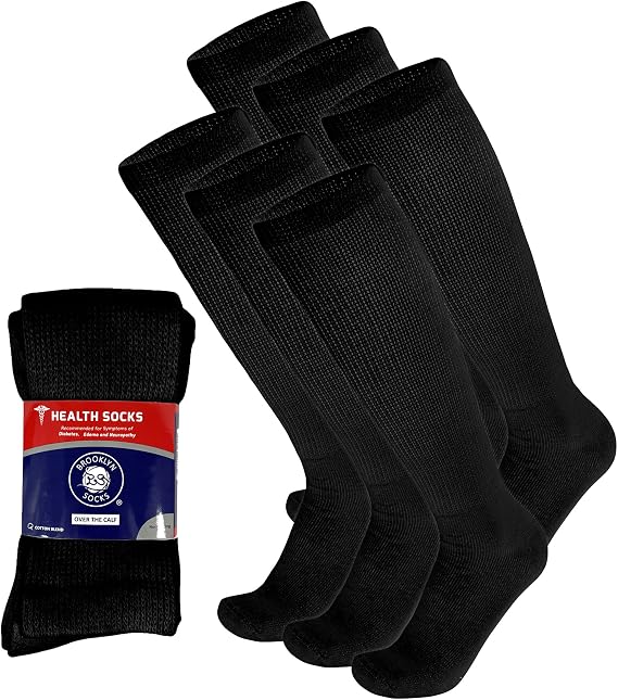 6 Pairs of Diabetic Over The Calf - Knee High Cotton Socks (Black - 6 Pairs, Fit Men's Shoe Size 10-12)