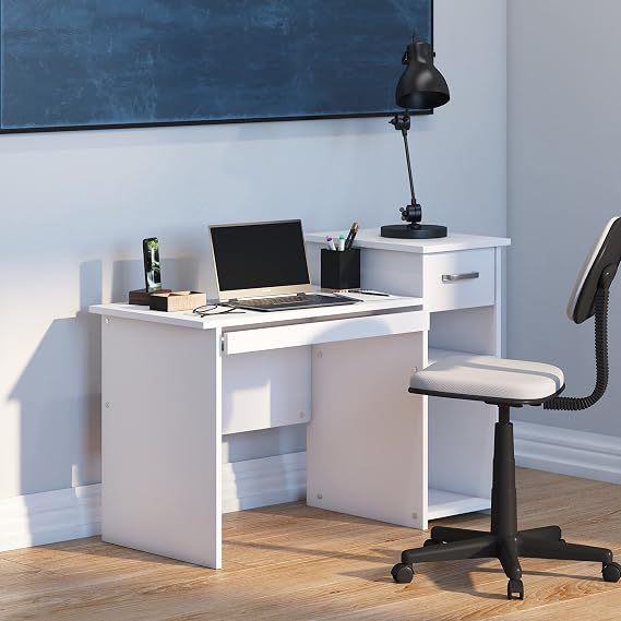 HBCY Creations Computer Desk with Shelves and Drawer - White Engineered Wood - Pull Out Keyboard Tray - Open Storage Pedestal - Multi-Tier Design