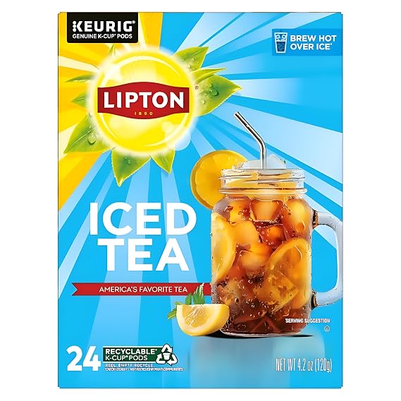 Lipton Unsweetened Black Iced Tea K-Cup Pods, 24 Pack for Keurig | Rainforest Alliance Certified Tea Pods with Smooth Crisp Flavor, Brew Hot over Ice for Refreshing Beverage.