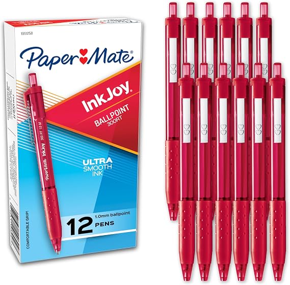 Paper Mate InkJoy 300RT Retractable Ballpoint Pens, Medium Point (1.0mm), Red Ink - 12 Count - Comfortable Rubber Grip, Ultra-Smooth Ink, Teacher Supplies