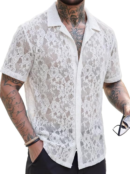 INVACHI Men's Sexy Lace See Through Shirts Blouse Long Sleeve Button Down Fishnet Sheer Shirts