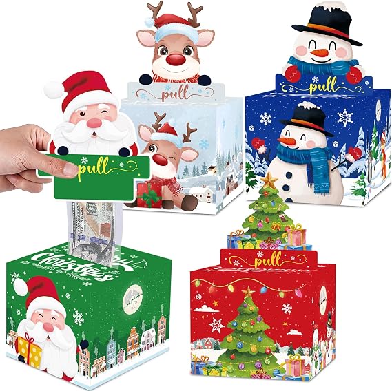 4 Pack Christmas Money Box for Cash Gift Pull, Surprise Money Holder for Kids Adults with 200Pcs Transparent Bags - Fun Ways to Give Cash As A Gift for Your Loved Ones