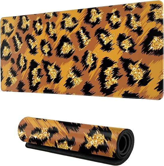 Desk Mat,Leopard with Glitter Gaming Mouse Pad,XXL Extended Mouse Pad Mat for Office,Computer,Keyboard with Non-Slip Base Stitched Eges Mousepad 35''×15.7''×0.12''
