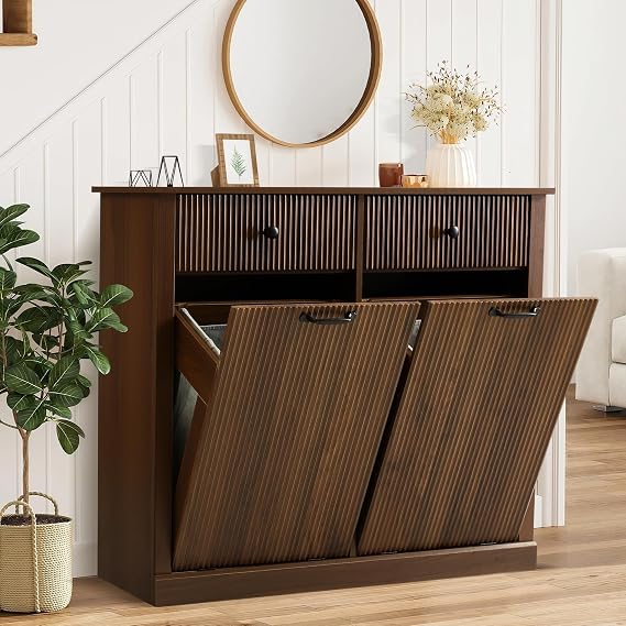 Grepatio Tilt Out Fluted Laundry Hamper Cabinet, 22 Gallon Double Hidden Laundry Hamper, Wooden Trash Can Cabinets with 2 Drawers, Modern Garbage Can Cabinet for Bathroom, Kitchen (Brown, Double)