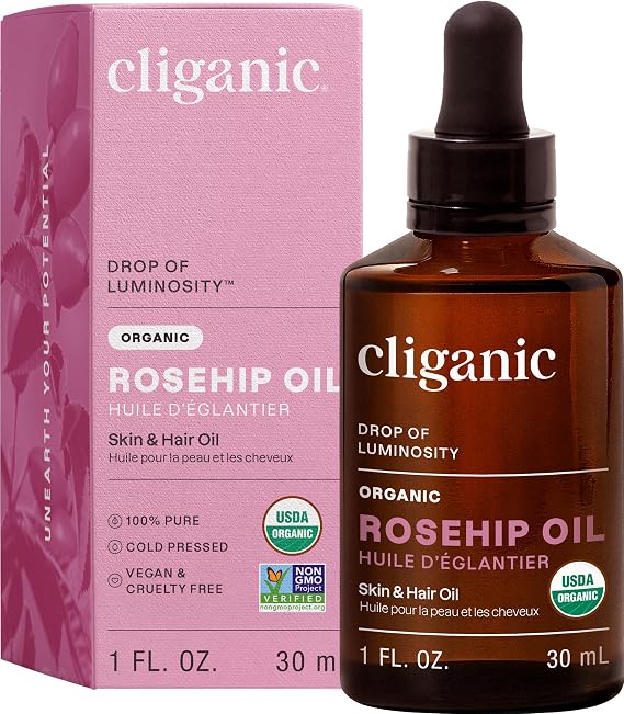 USDA Organic Rosehip Oil for Face, 100% Pure | Natural Cold Pressed Unrefined, Carrier Seed Oil for Skin, Hair & Nails | Certified Organic (30ml) | Cliganic