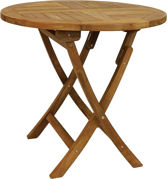 Sunnydaze Round Teak Wood Folding Bistro Table, 31 Dia, Light Brown
