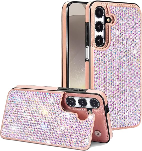 Guppy for Galaxy S26 Bling Wallet Case with Women with Credit Card Holders, PU Leather Flip Glitter Rhinestone Phone Case, Kickstand Card Slots Drop Protective Shockproof Flip Case-Rose Gold