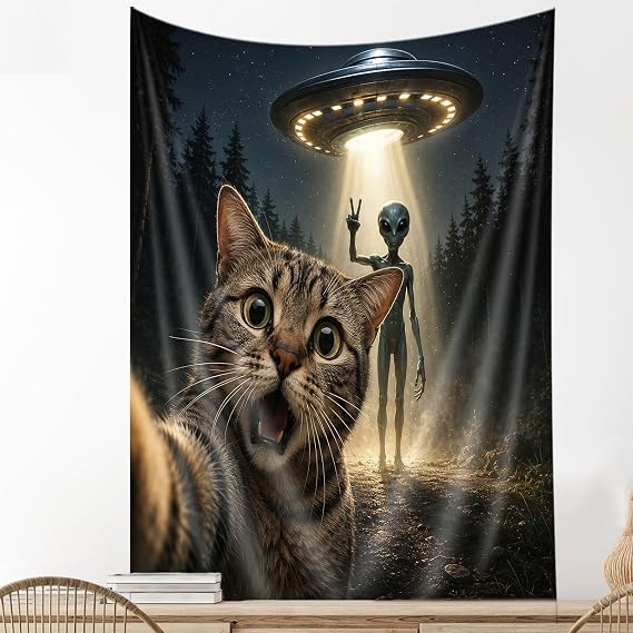 JAWO Funny Cat Selfie Tapestry, UFO Alien Forest Wall Hanging,30X40Inches