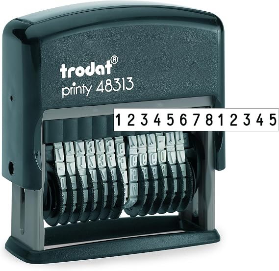 Trodat Printy 48313 Self-Inking Number Stamp, 13 Band, 3mm Height Black Ink | Compact number stamp with 13 bands of letters & symbols. Character height 3mm; Document proof ink;  in black ink