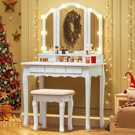 Tiptiper Vanity Table Set with Lighted Tri-Folding Mirror, Makeup Vanity with Lights & 3 Color Lighting Modes, Vanity Desk with Mirror and Cushioned Stool, Makeup Table with 5 Drawers, White