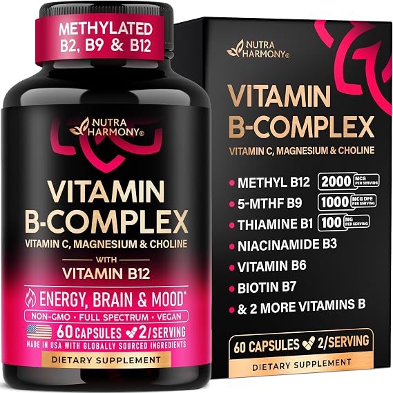Vitamin B Complex for Men & Women - Full B-Complex & Vitamin B12 - 60 Caps | B1, B2, B3, B5, B6, B7, B9, B12 with Vitamin C, Magnesium, Choline, Inositol - Energy, Brain & Mood Support Supplement