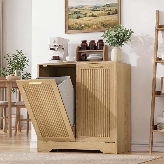 Smuxee Double Tilt Out Laundry Hamper Cabinet, Hidden Laundry Cabinet with Double Baskets, Fluted Trash Can for Bathroom, Kitchen, Living Room(Oak with small fluted)