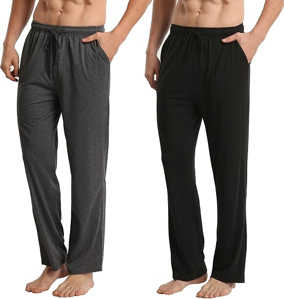LANBAOSI Men's 2 Pack Pajama Pants Lightweight Sleep Pants Men Lounge Pants | Soft Knit Breathable Sleep Lounge Bottoms for Men with Deep Side Pockets and an Adjustable Drawstring Elastic Waistband